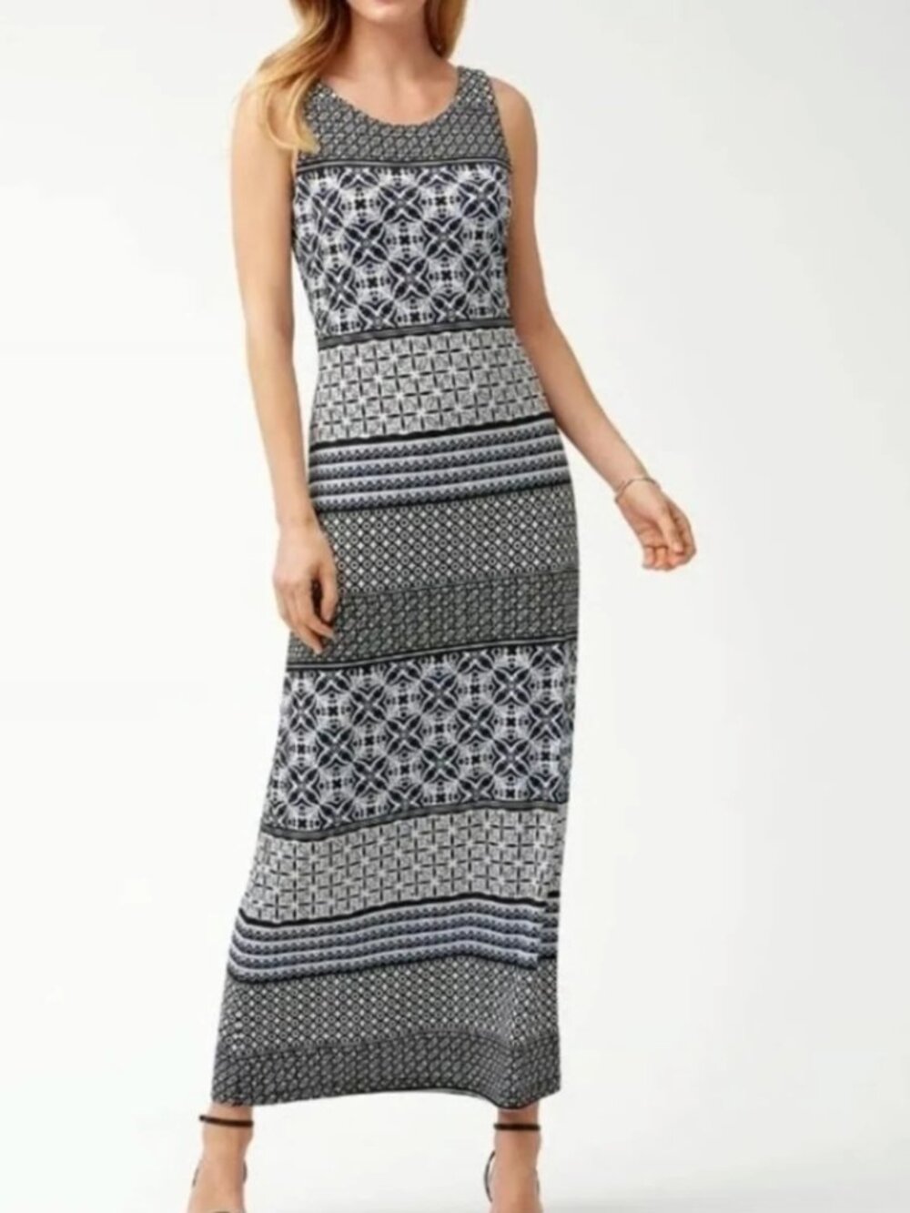 Tommy Bahama Maxi Dress XS Black White Geometric Print Liquid Knit Slinky Scoop